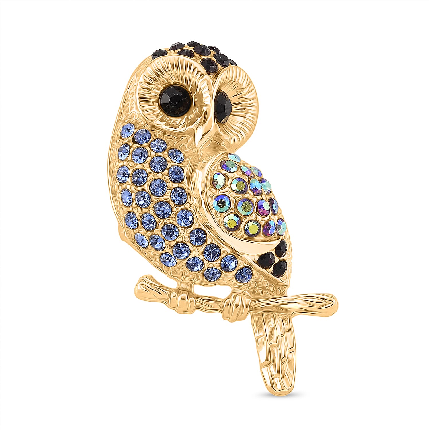 Austrian Multi Color Crystal Owl Brooch in Yellow Gold Colour Tone