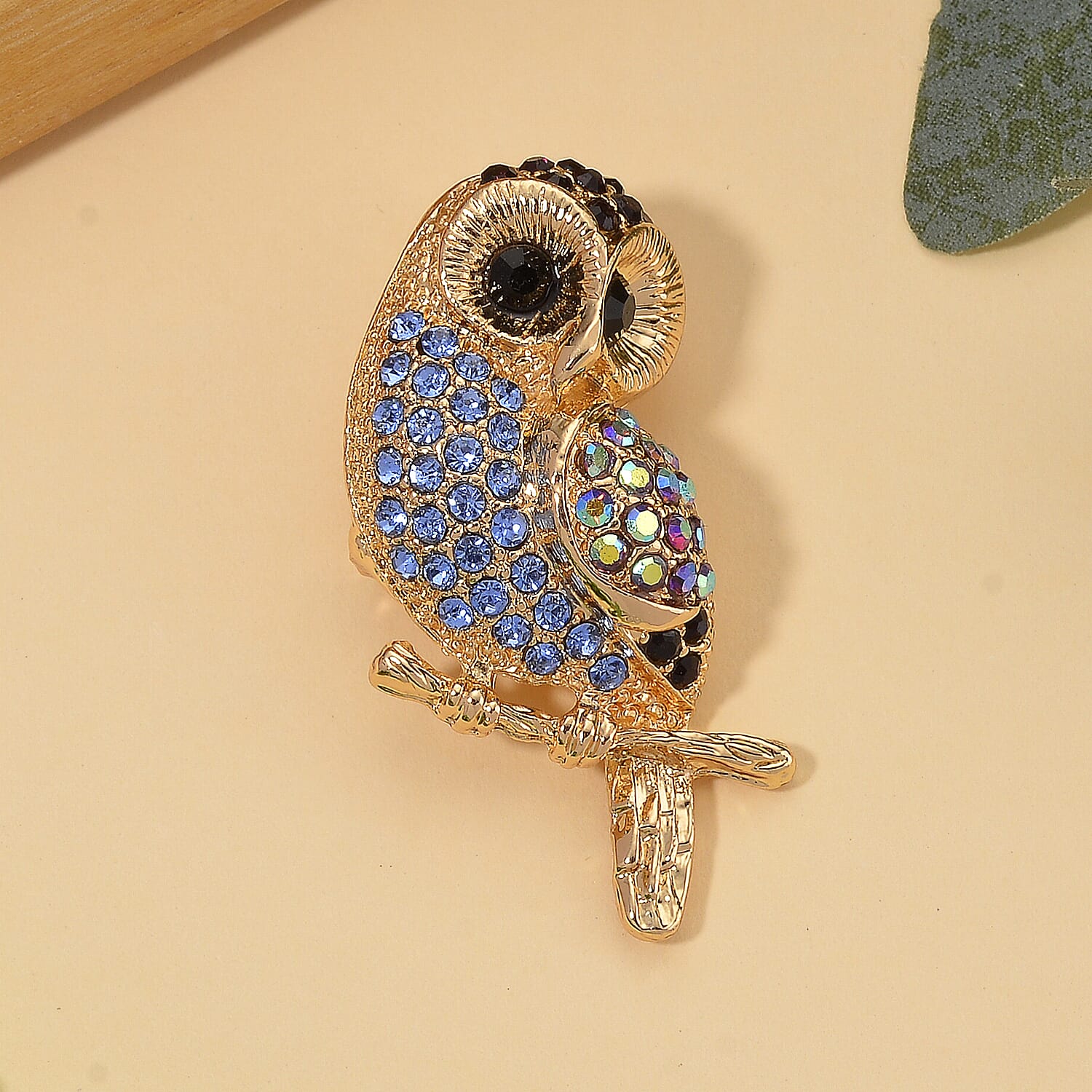 Austrian Multi Color Crystal Owl Brooch in Yellow Gold Colour Tone