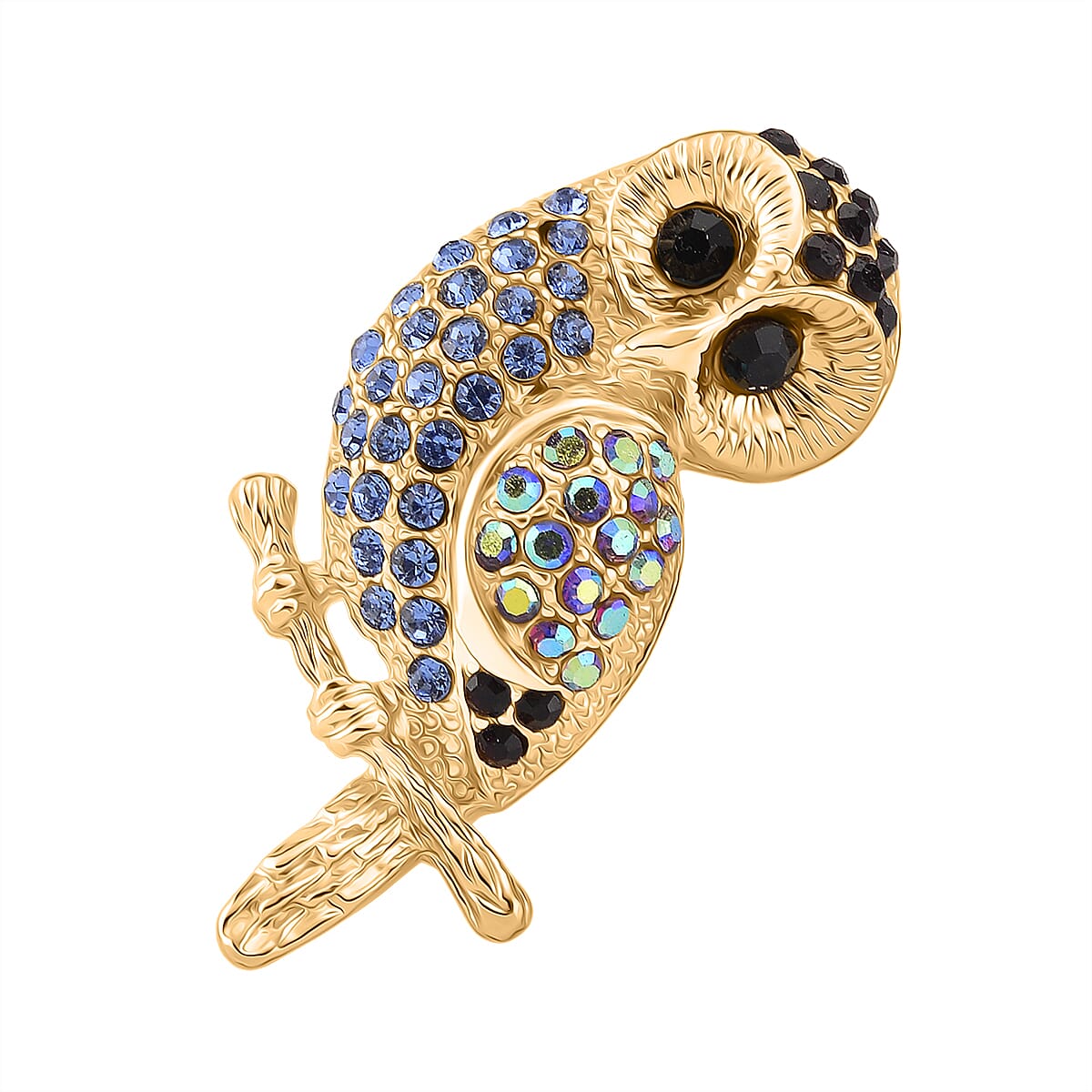Austrian Multi Color Crystal Owl Brooch in Yellow Gold Colour Tone