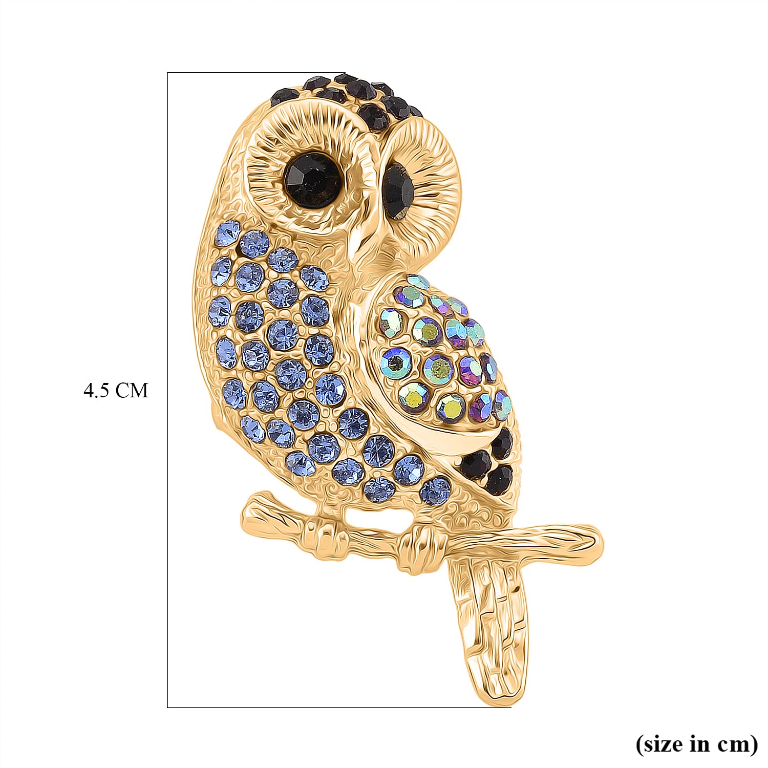 Austrian Multi Color Crystal Owl Brooch in Yellow Gold Colour Tone
