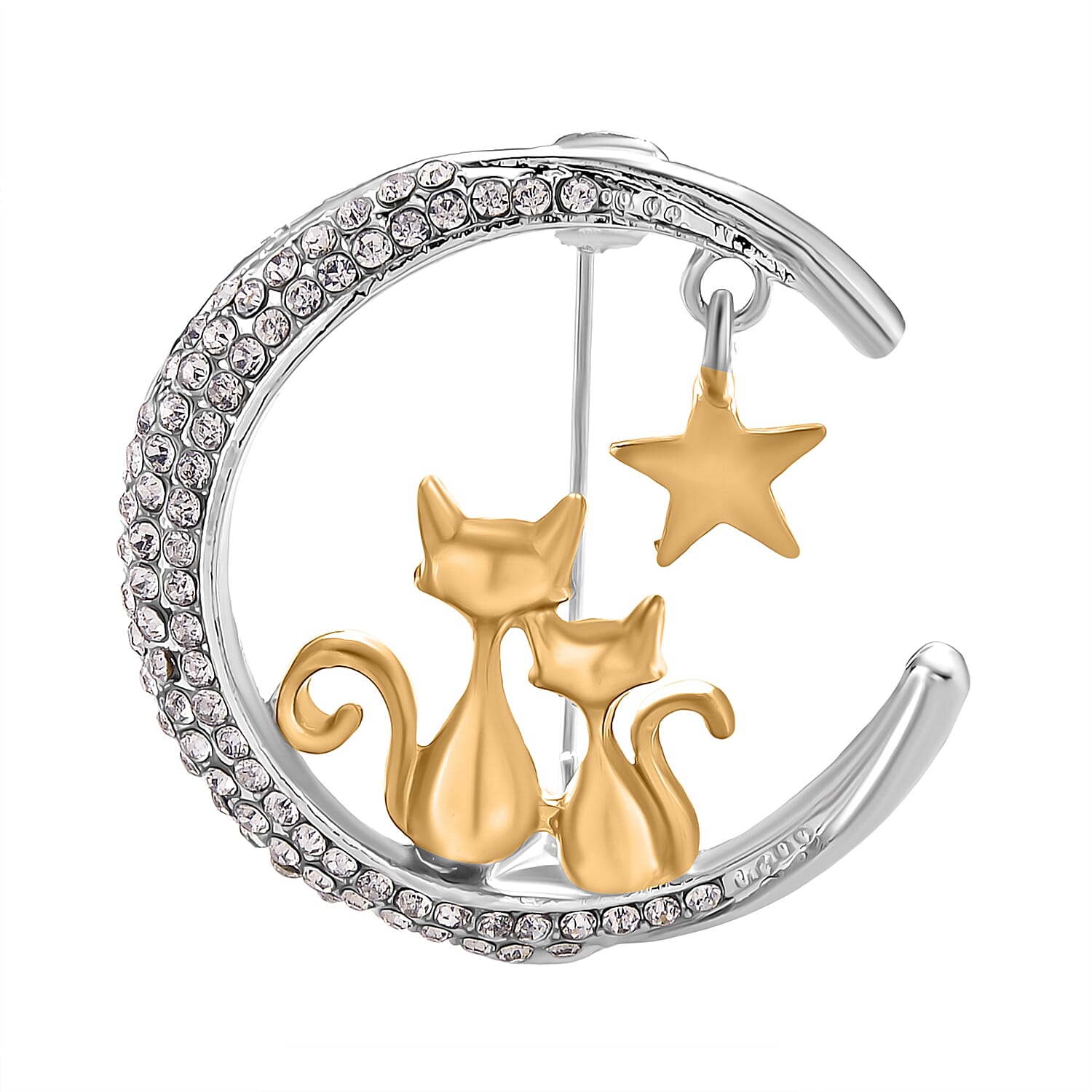 Austrian White Crystal Twin Cats & Moon Brooch in White & Yellow Gold Colour Tone