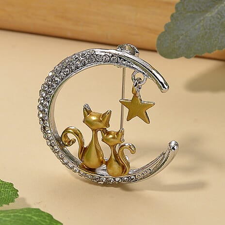 Austrian White Crystal Twin Cats & Moon Brooch in White & Yellow Gold Colour Tone
