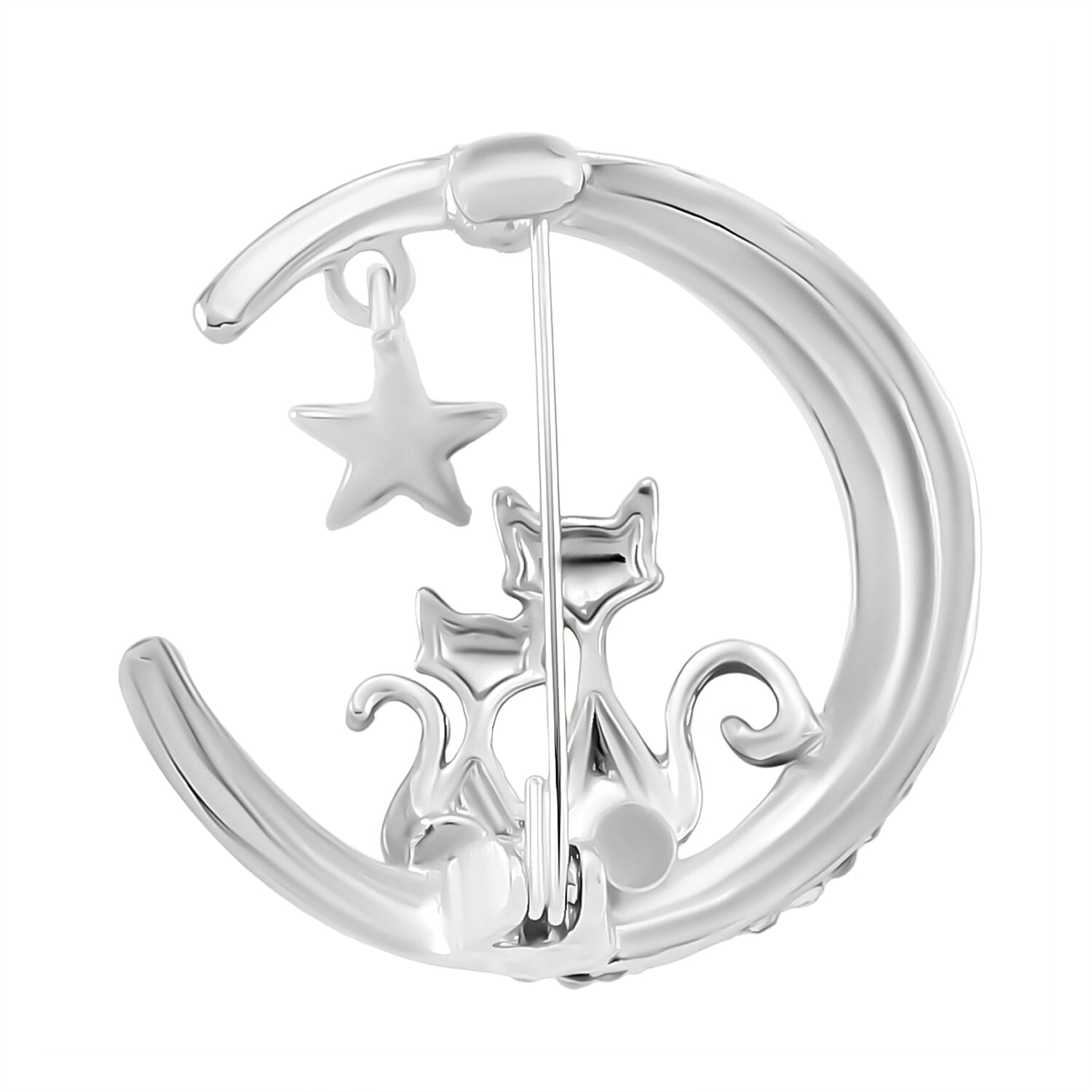 Austrian White Crystal Twin Cats & Moon Brooch in White & Yellow Gold Colour Tone