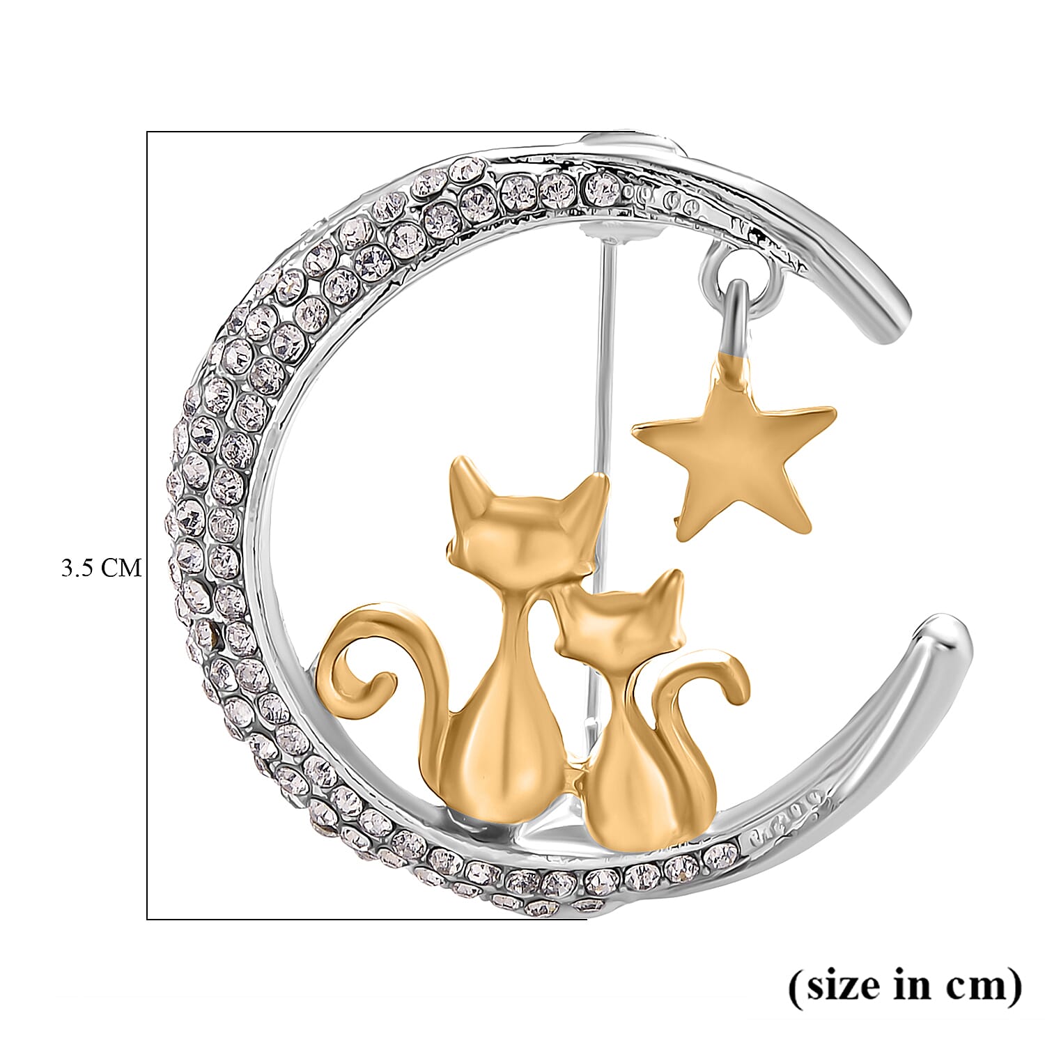 Austrian White Crystal Twin Cats & Moon Brooch in White & Yellow Gold Colour Tone