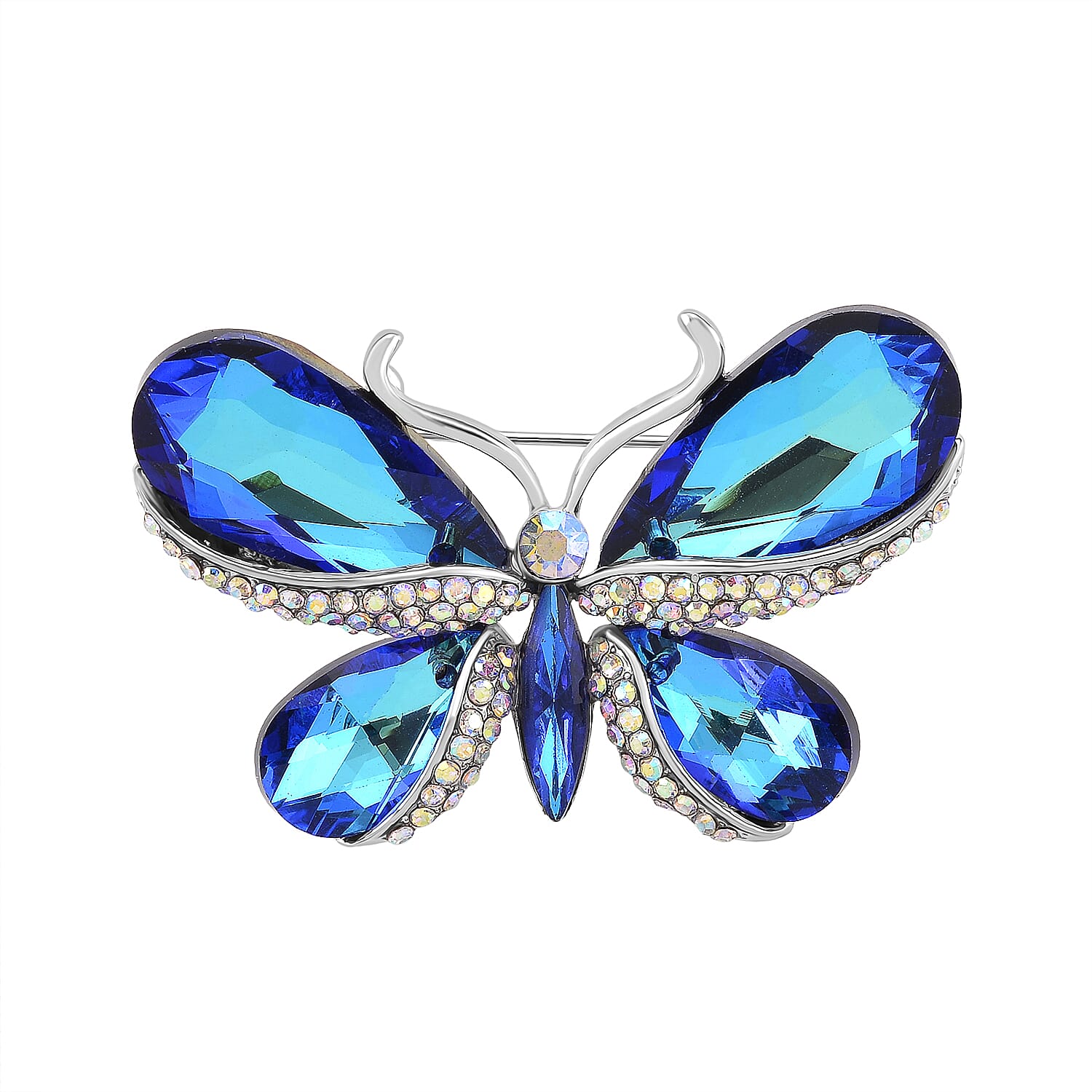Austrian Blue Crystal & Australian White Mystic Color Crystal Butterfly Brooch in White Gold Colour Tone