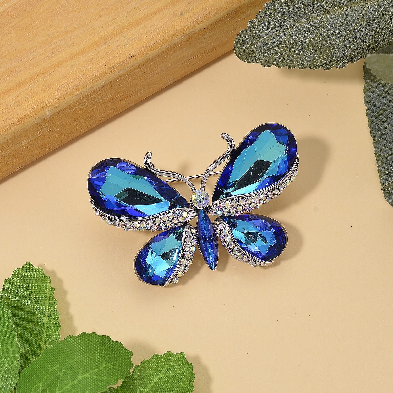 Austrian Blue Crystal & Australian White Mystic Color Crystal Butterfly Brooch in White Gold Colour Tone