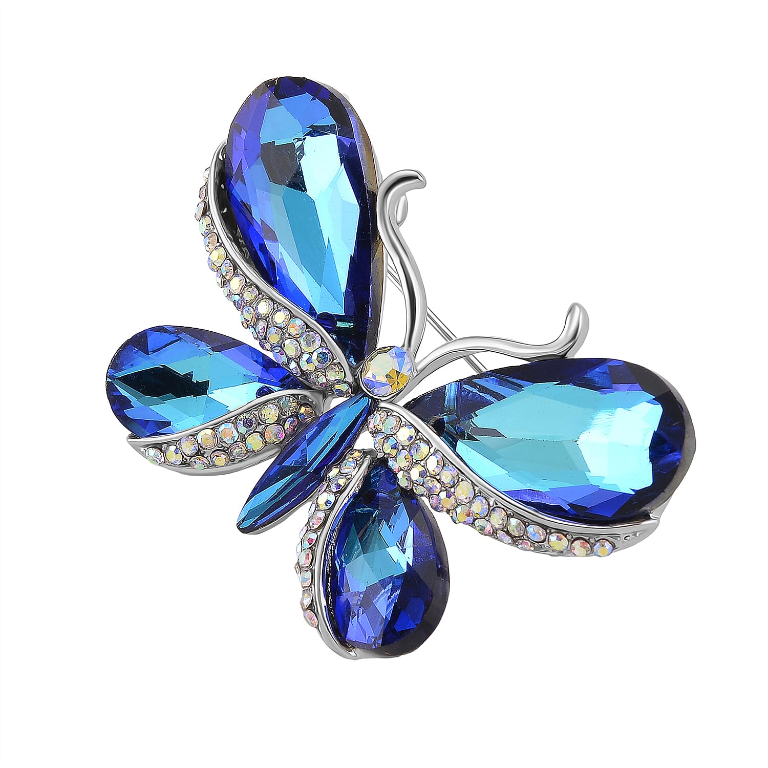 Austrian Blue Crystal & Australian White Mystic Color Crystal Butterfly Brooch in White Gold Colour Tone