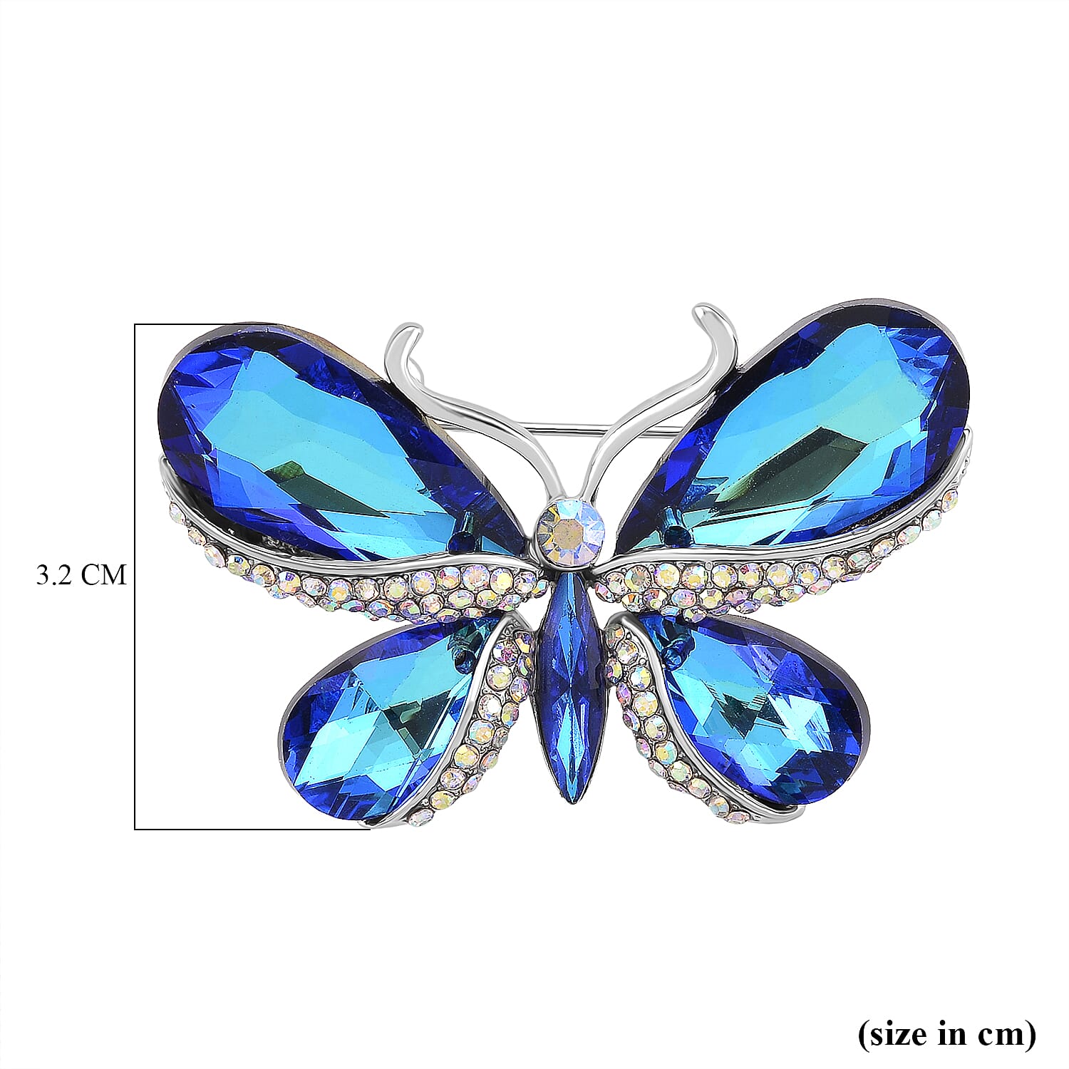 Austrian Blue Crystal & Australian White Mystic Color Crystal Butterfly Brooch in White Gold Colour Tone