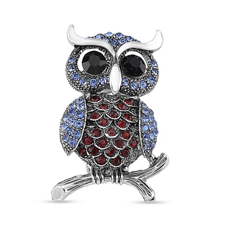 Austrian Multi Colour Crystal Owl Brooch in Antique Silver Colour Tone