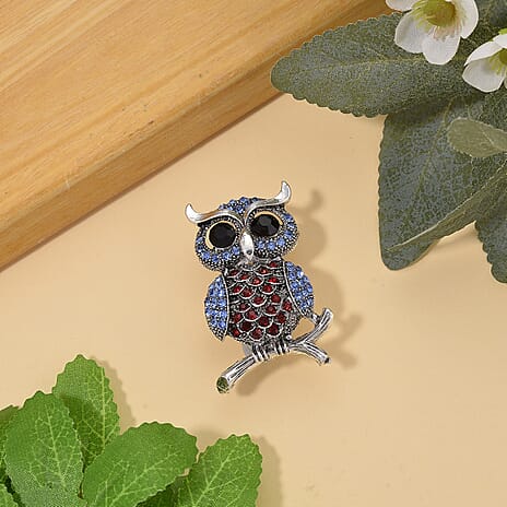 Austrian Multi Colour Crystal Owl Brooch in Antique Silver Colour Tone