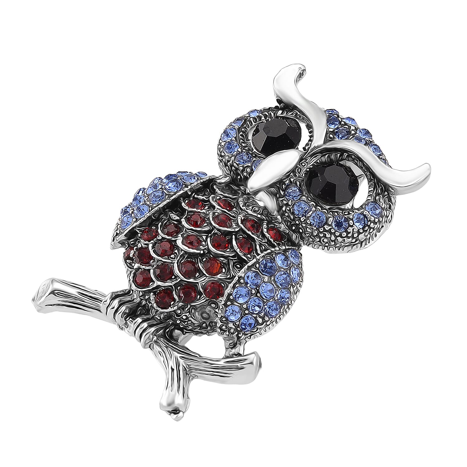 Austrian Multi Colour Crystal Owl Brooch in Antique Silver Colour Tone