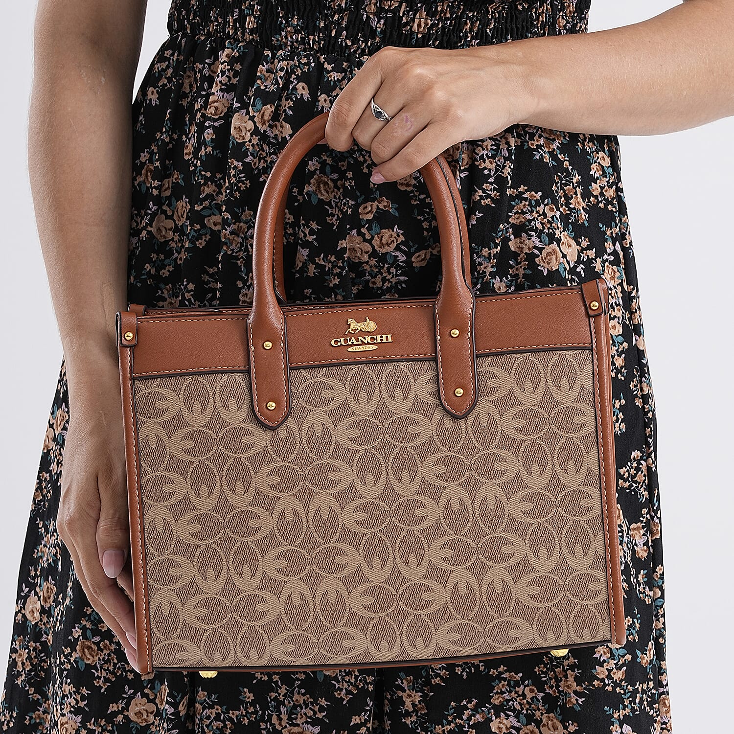 Guanchi Monogram Print Tote Bag with Detachable Shoulder Strap - Khaki & Brown