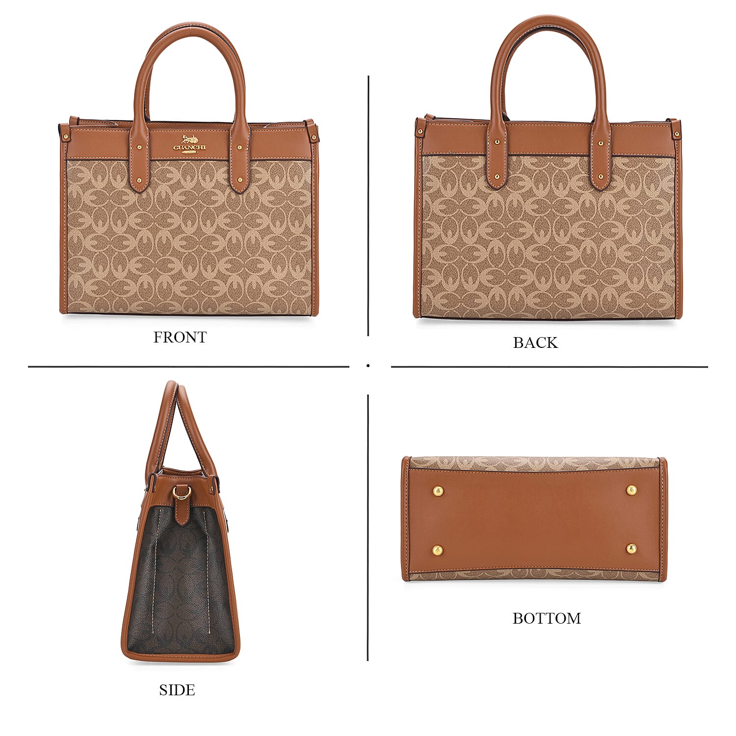 Guanchi Monogram Print Tote Bag with Detachable Shoulder Strap - Khaki & Brown