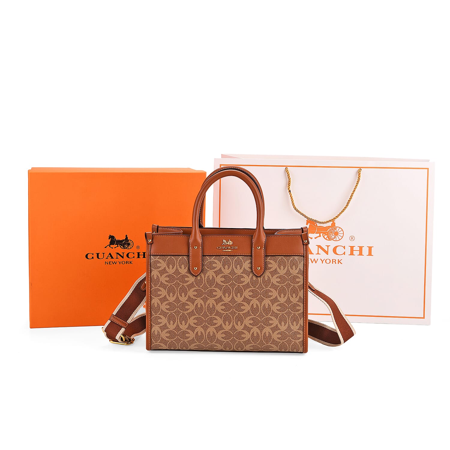 Guanchi Monogram Print Tote Bag with Detachable Shoulder Strap - Khaki & Brown