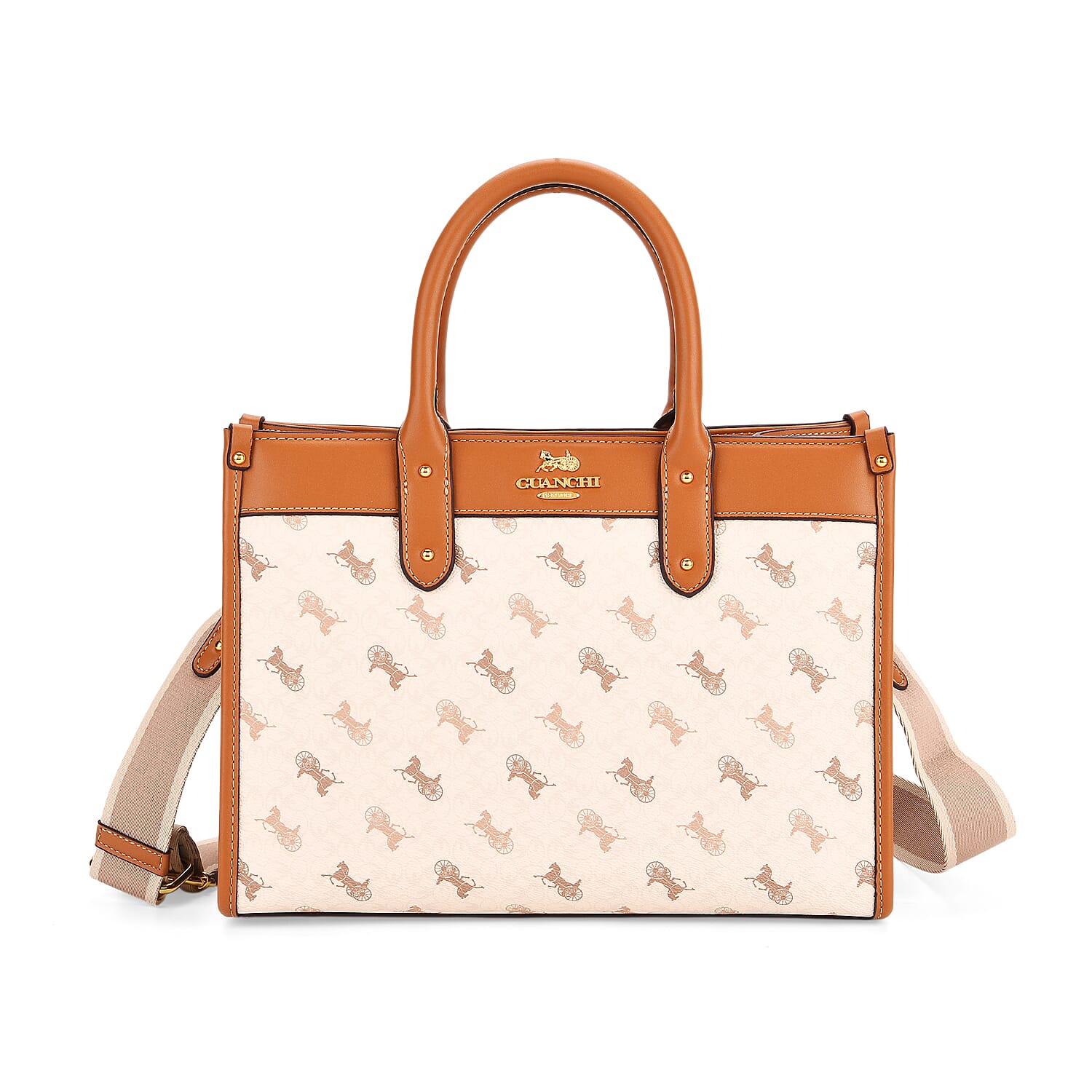 Guanchi Tote Bag with Detachable Shoulder Strap - Cream, Black & Tan