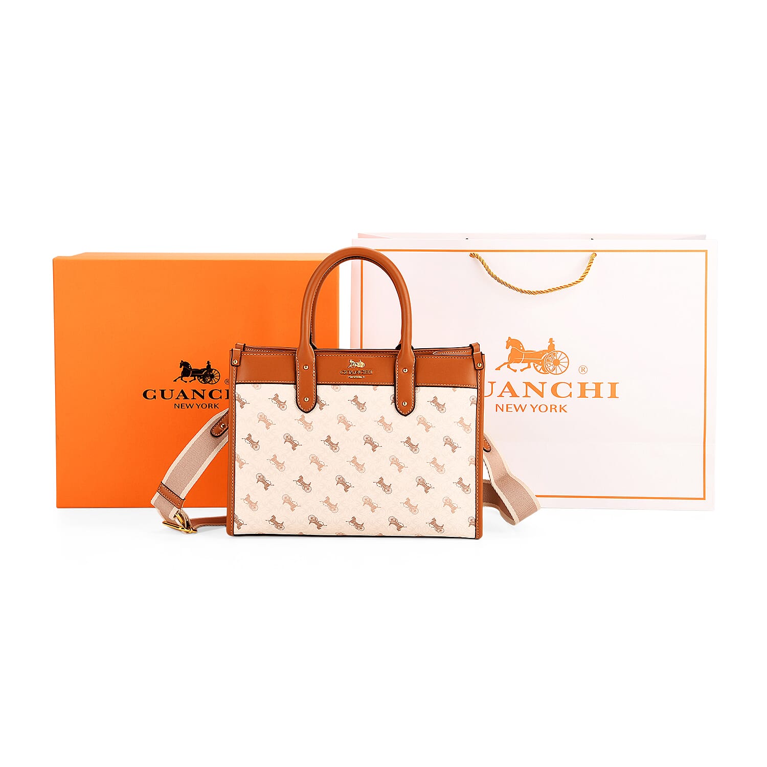 Guanchi Tote Bag with Detachable Shoulder Strap - Cream, Black & Tan