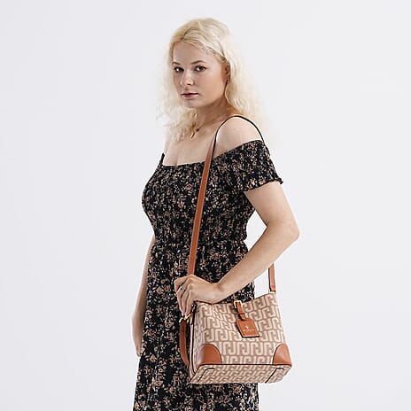 JVC-Style Logo Print Luxury Handbag with Detachable Shoulder Strap - Brown