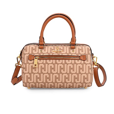 JVC-Style Logo Print Elegant Sling Bag with Detachable Shoulder Strap - Brown with Beige