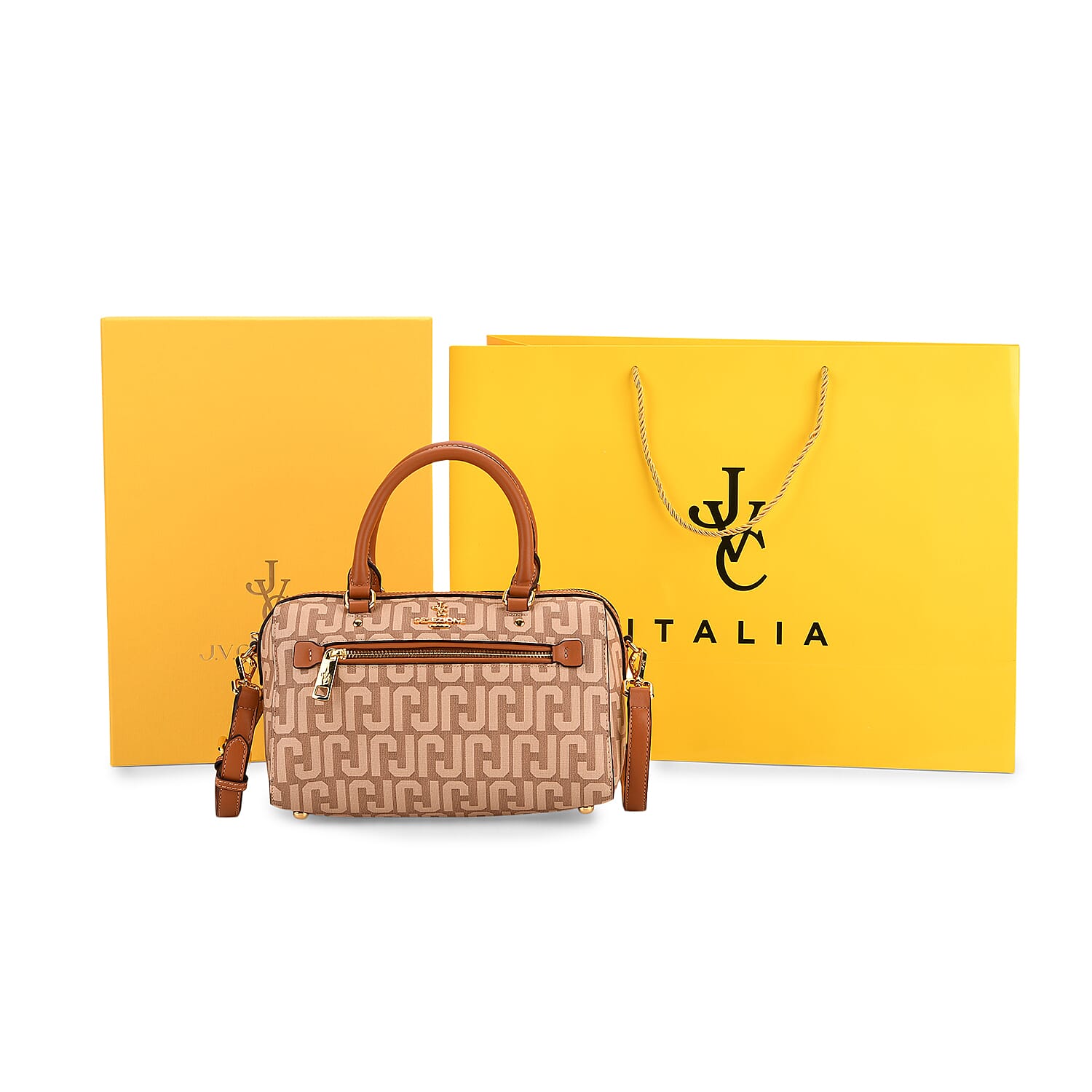 JVC-Style Logo Print Elegant Sling Bag with Detachable Shoulder Strap - Brown with Beige