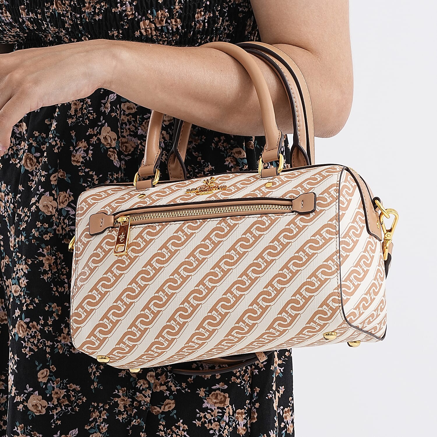 JVC-Style Logo Print Elegant Sling Bag with Detachable Shoulder Strap - Brown with Beige