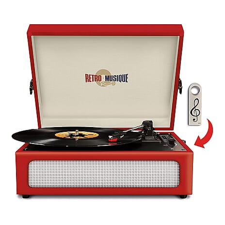 Retro Musique Bluetooth Suitcase Style Record Player With FM Radio LED Display Panel, Built-in Speakers - USB-TF Card Reader includes 1 x 4GB USB - Red