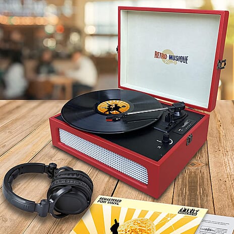 Retro Musique Bluetooth Suitcase Style Record Player With FM Radio LED Display Panel, Built-in Speakers - USB-TF Card Reader includes 1 x 4GB USB - Red