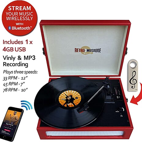Retro Musique Bluetooth Suitcase Style Record Player With FM Radio LED Display Panel, Built-in Speakers - USB-TF Card Reader includes 1 x 4GB USB - Red