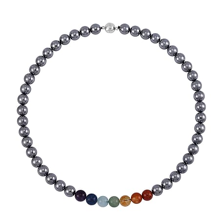 Terahertz and Multi Gemstones Beads Necklace with Magnetic Clasp (Size - 20) in Rhodium Overlay Sterling Silver 350 Ct.