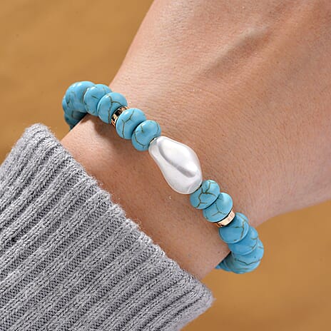 Blue Howlite & White Shell Pearl Bracelet (Size 7.5 - 2) 70.00 Ct.