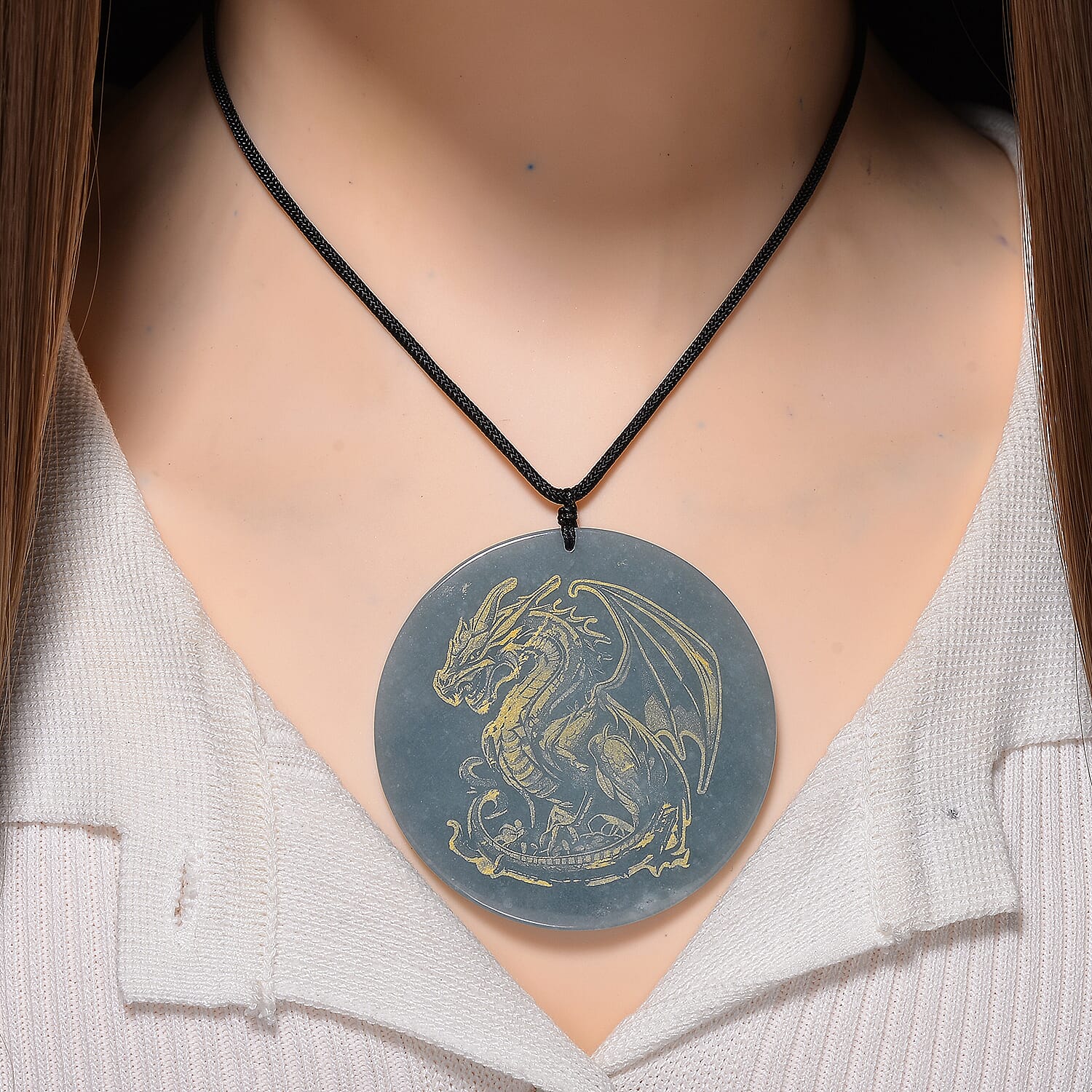 Natural Type A Jadeite Dragon Embossed Necklace (Size 28) with Adjustable Thread 180.00 Ct.