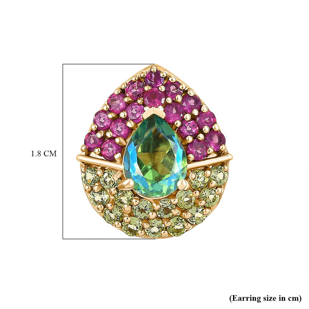 D'joy Peacock Triplet Quartz, Peridot & Rhodolite Garnet Earring with Push Back in 18K Vermeil Yellow Gold Sterling Silver 5.66 Ct. D'joy Peacock Triplet Quartz, Peridot & Rhodolite Garnet Earring with Push Back in 18K Vermeil Yellow Gold Sterling Silver 5.66 Ct.