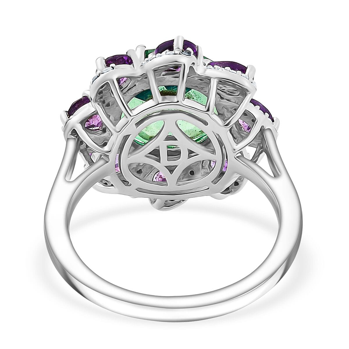 D'joy Peacock Triplet Quartz, White Zircon & African Amethyst Ring in Rhodium Overlay Sterling Silver 5.18 Ct.
