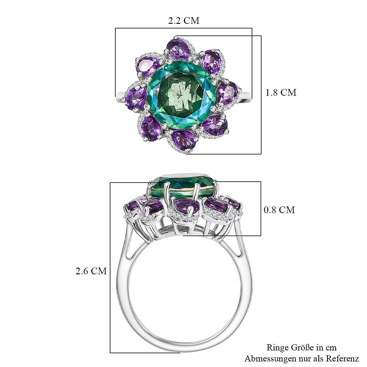 D'joy Peacock Triplet Quartz, White Zircon & African Amethyst Ring in Rhodium Overlay Sterling Silver 5.18 Ct.