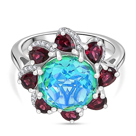 D'joy Peacock Triplet Quartz, Rhodolite Garnet & White Zircon Ring in Rhodium Overlay Sterling Silver 4.67 Ct.