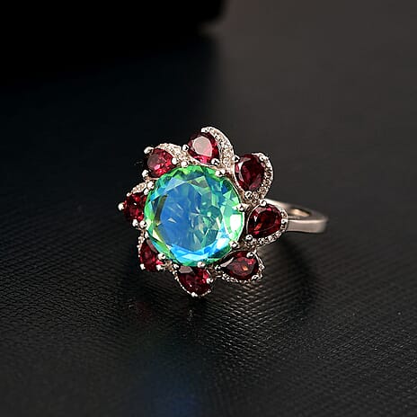 D'joy Peacock Triplet Quartz, Rhodolite Garnet & White Zircon Ring in Rhodium Overlay Sterling Silver 4.67 Ct.