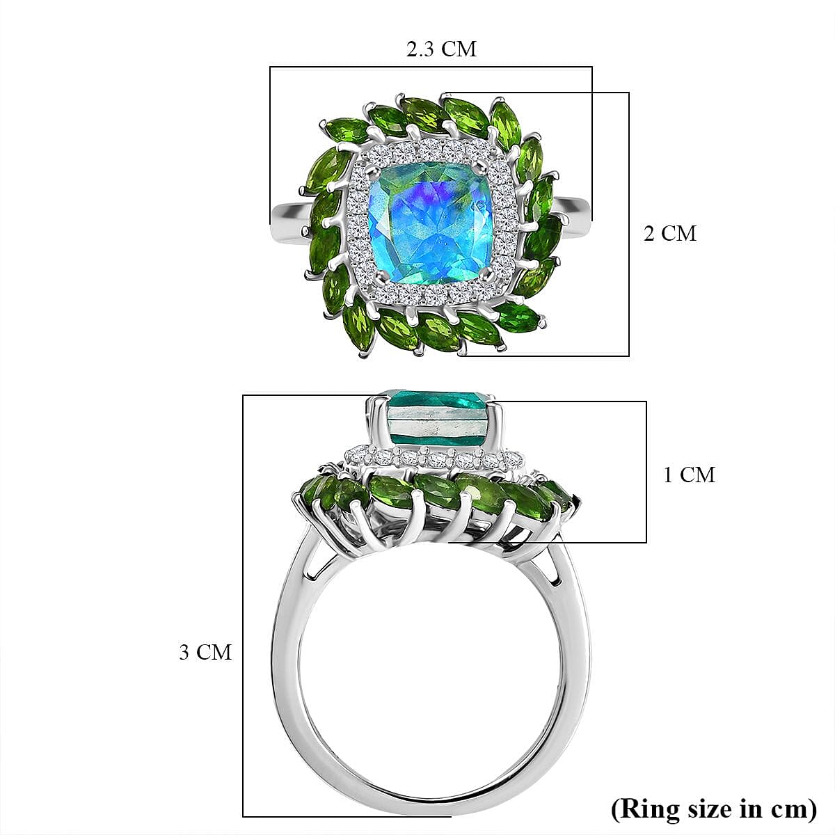 D'joy Peacock Triplet Quartz, Natural Chrome Diopside & Moissanite Ring in Rhodium Overlay Sterling Silver 5.11 Ct. D'joy Peacock Triplet Quartz, Natural Chrome Diopside & Moissanite Ring in Rhodium Overlay Sterling Silver 5.11 Ct.