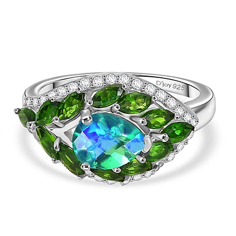 D'joy Peacock Triplet Quartz, Natural Chrome Diopside & White Zircon Ring in Rhodium Overlay Sterling Silver 3.00 Ct.