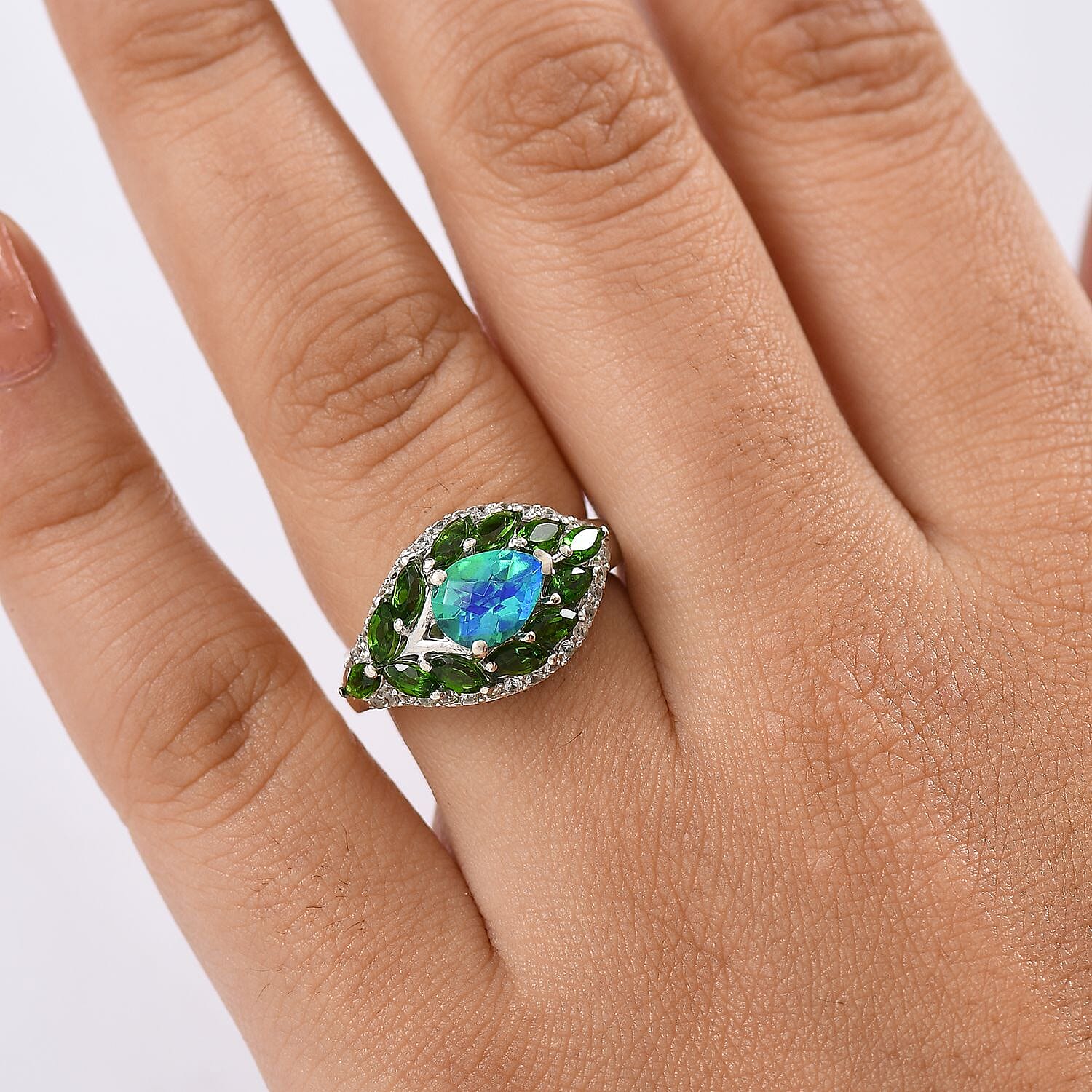 D'joy Peacock Triplet Quartz, Natural Chrome Diopside & White Zircon Ring in Rhodium Overlay Sterling Silver 3.00 Ct.