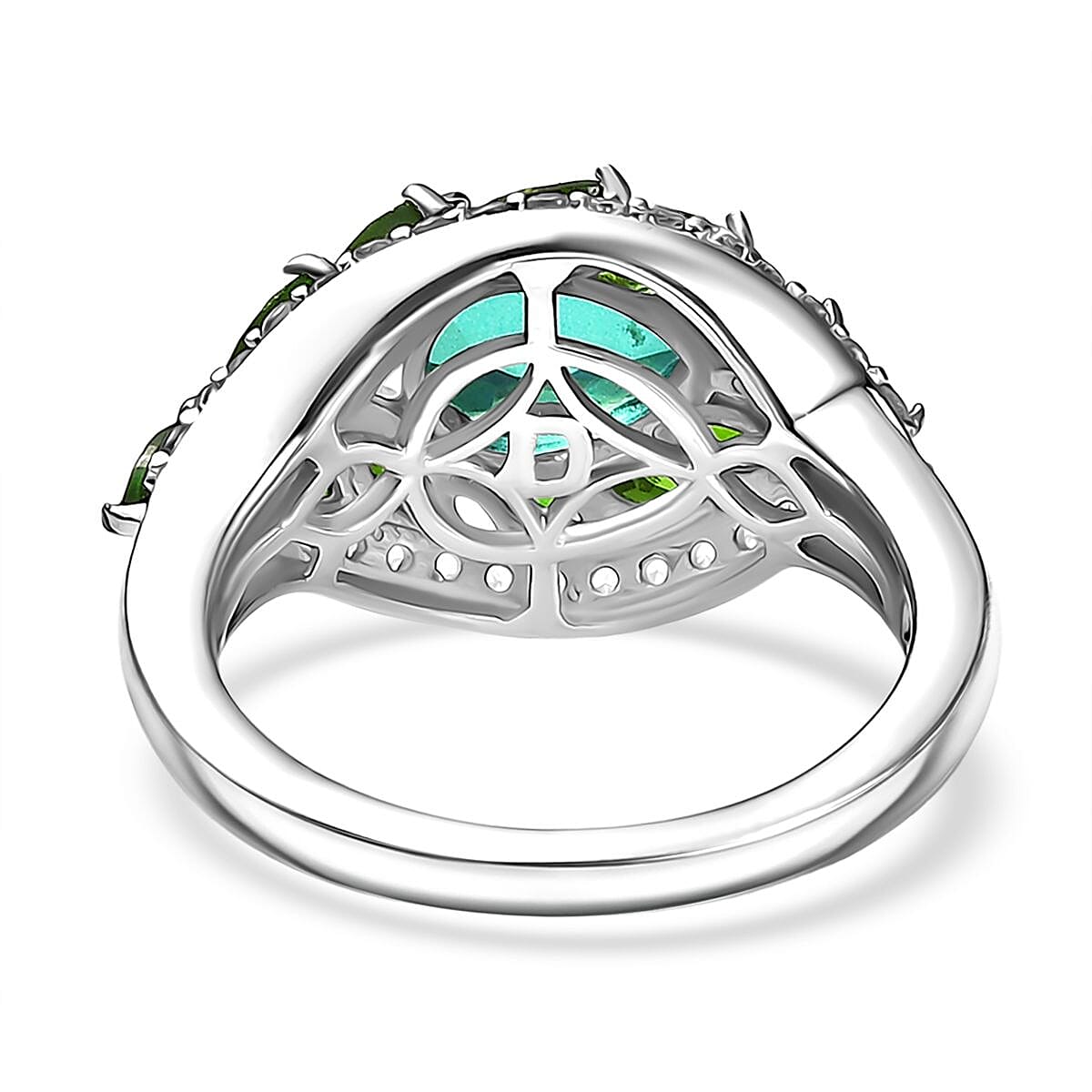 D'joy Peacock Triplet Quartz, Natural Chrome Diopside & White Zircon Ring in Rhodium Overlay Sterling Silver 3.00 Ct.