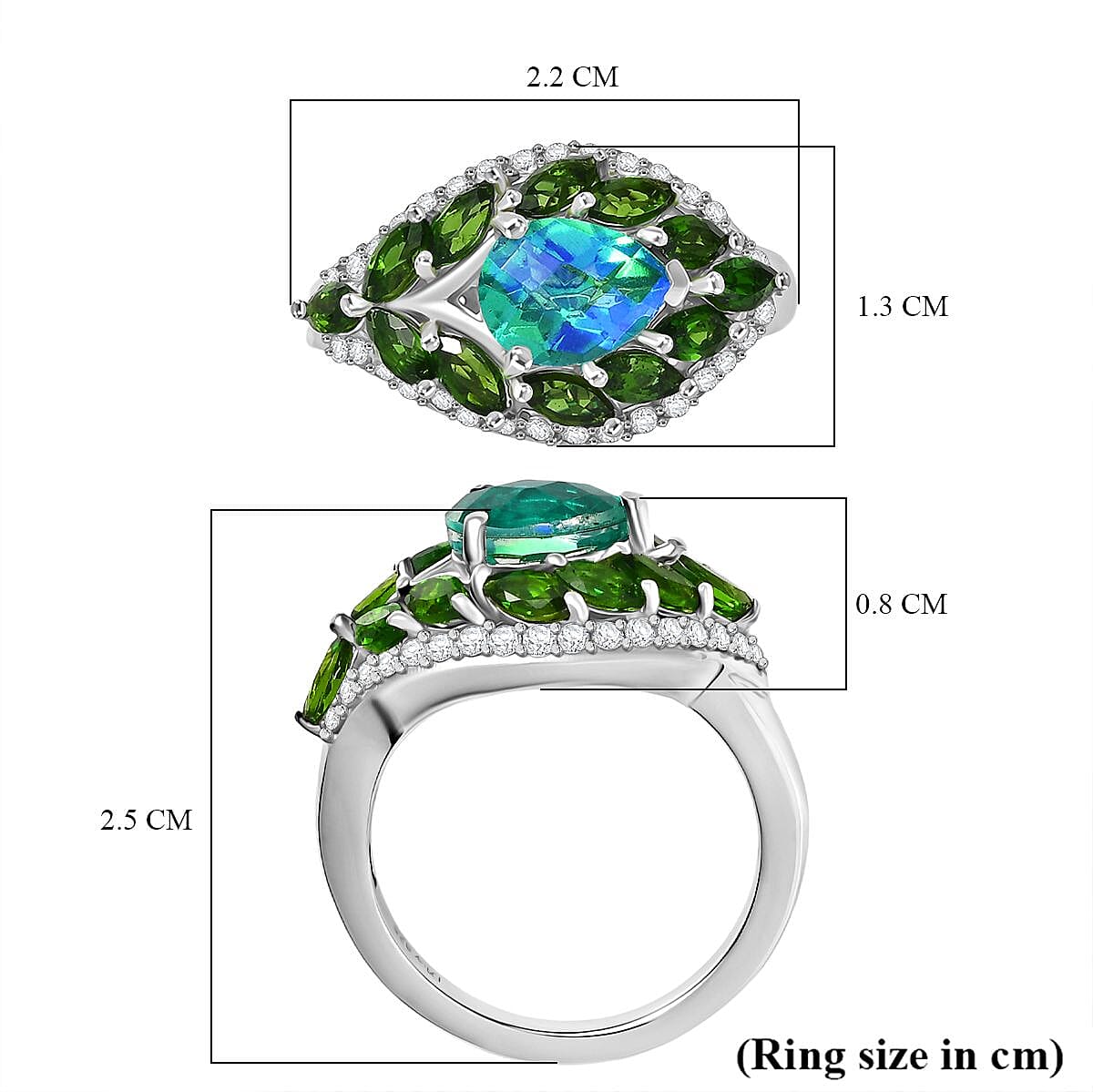 D'joy Peacock Triplet Quartz, Natural Chrome Diopside & White Zircon Ring in Rhodium Overlay Sterling Silver 3.00 Ct.