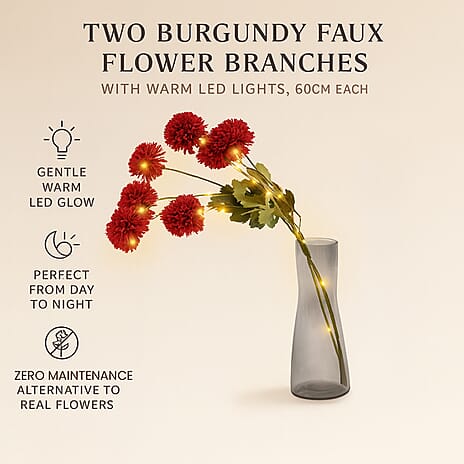 Set of 2 - Faux Flower Branches with LED Lights (60cm) -  Burgundy