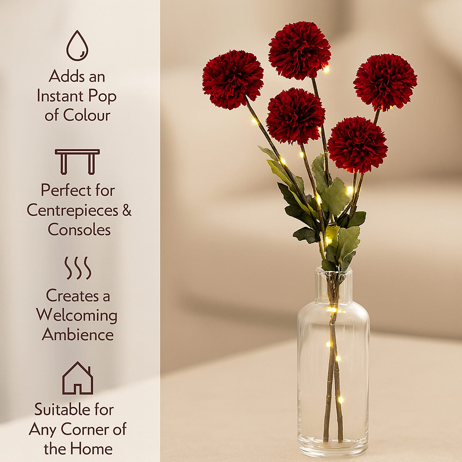 Set of 2 - Faux Flower Branches with LED Lights (60cm) -  Burgundy