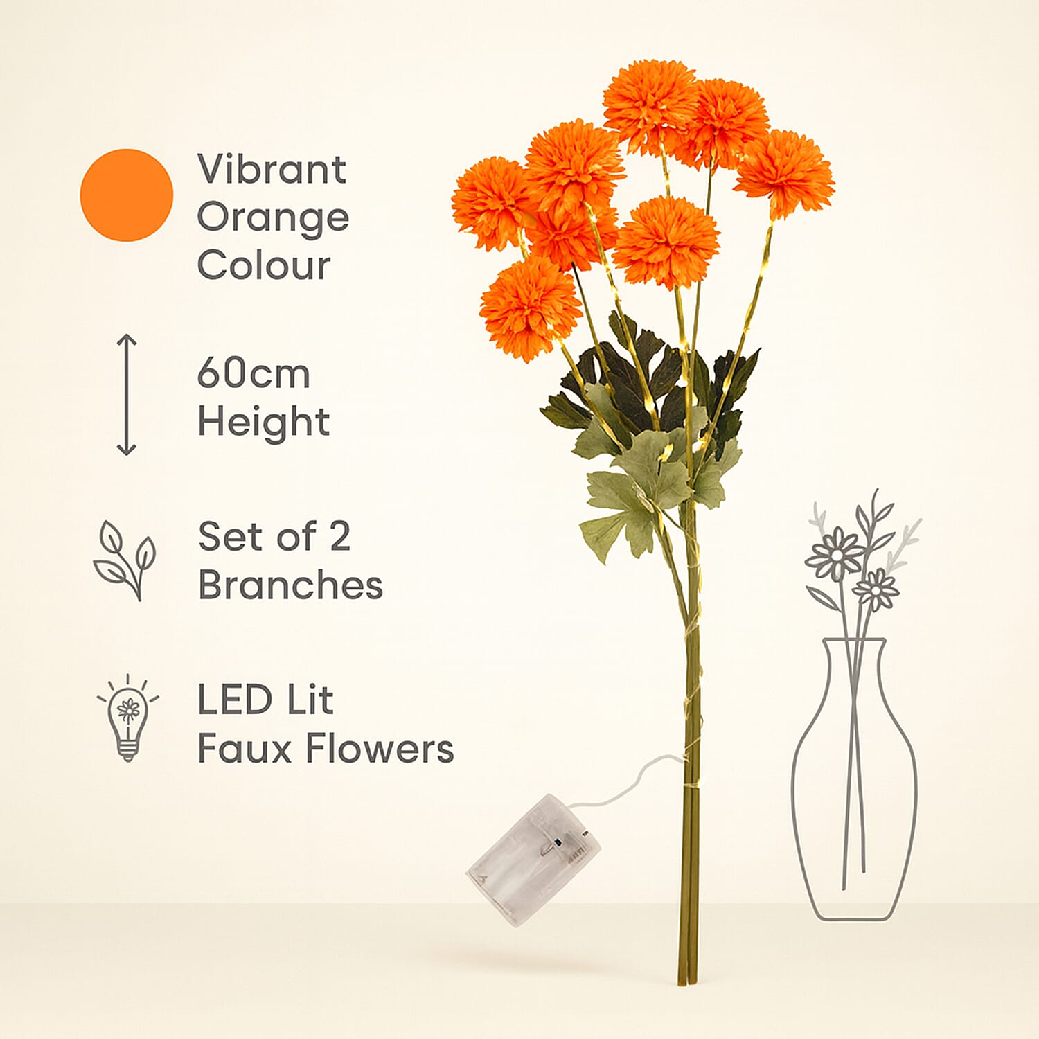 Set of 2 - Faux Flower Branches with LED Lights (60cm) - Orange