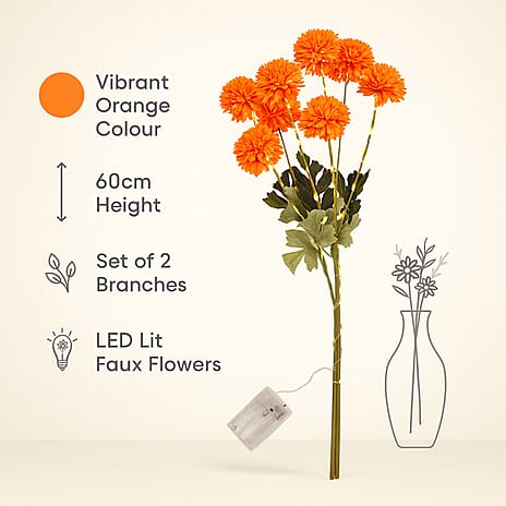 Set of 2 - Faux Flower Branches with LED Lights (60cm) - Orange