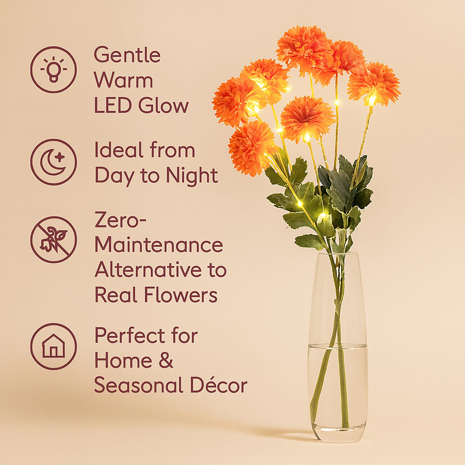 Set of 2 - Faux Flower Branches with LED Lights (60cm) - Orange