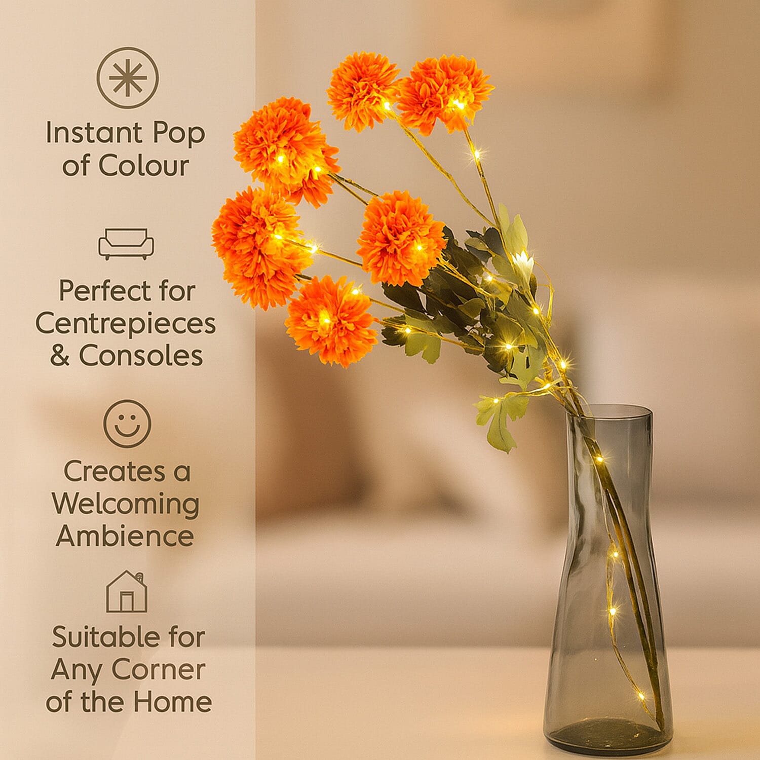 Set of 2 - Faux Flower Branches with LED Lights (60cm) - Orange