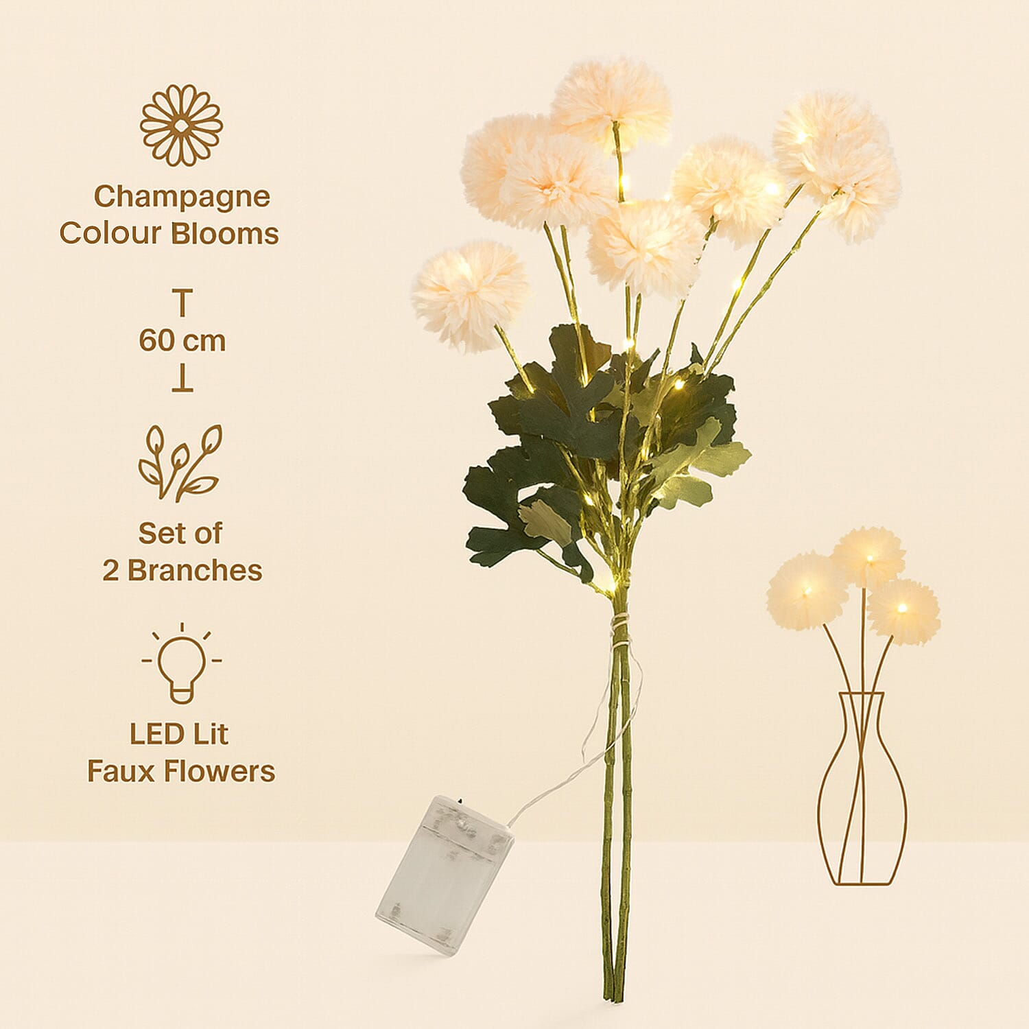 Set of 2 - Faux Flower Branches with LED Lights (60cm) - Off White