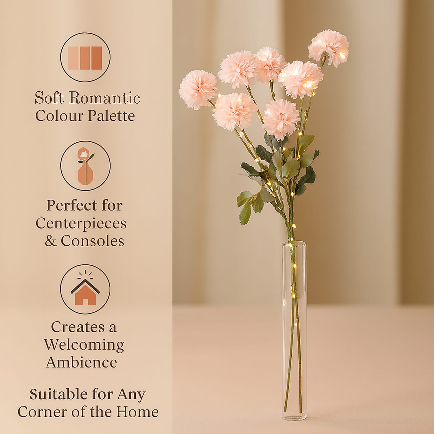 Set of 2 - Faux Flower Branches with LED Lights (60cm) - Light Pink