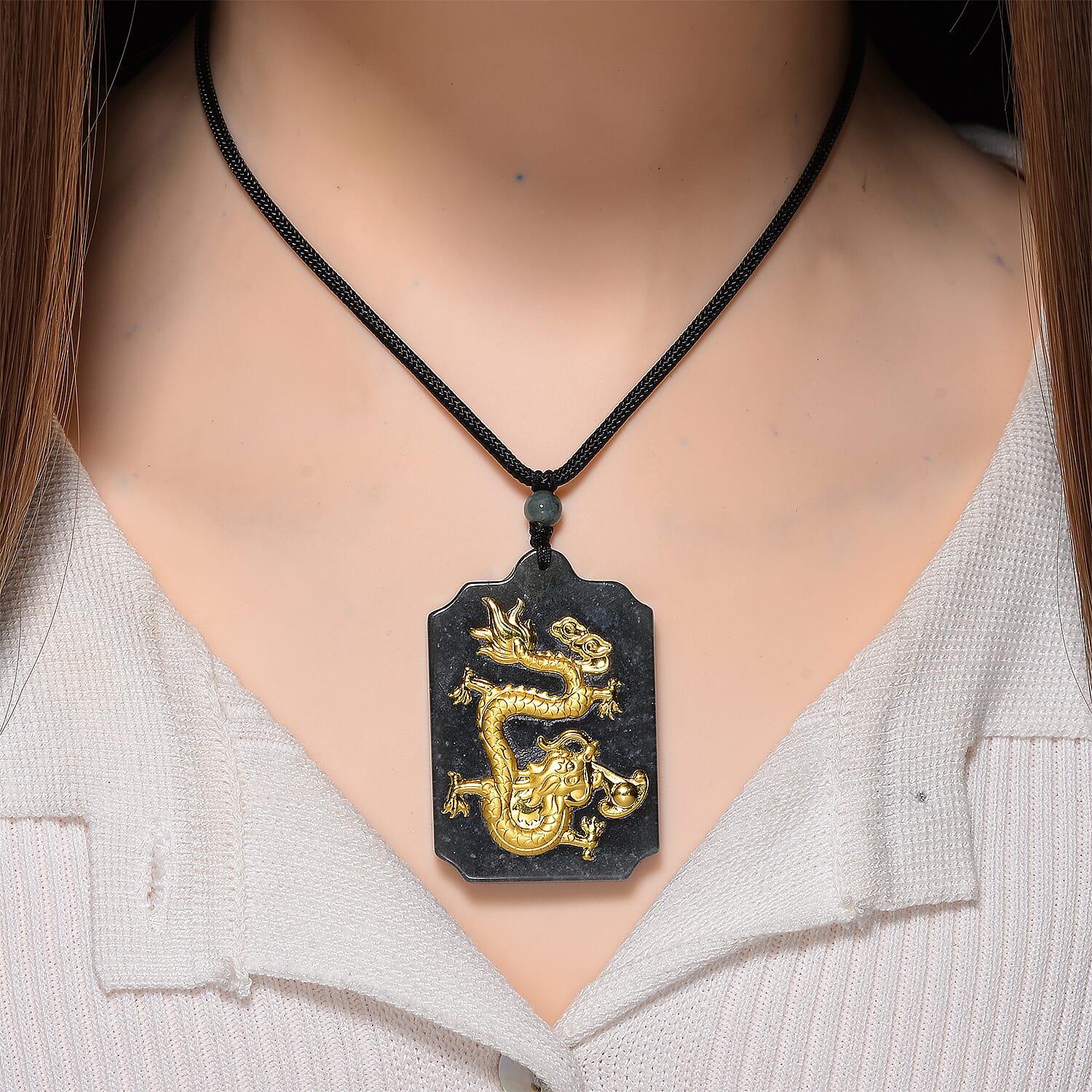 24K Dragon Yellow Gold Natural Type A Jadeite Necklace (Size 28 Adjustable) 137.00 Ct.