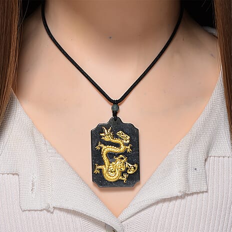 24K Dragon Yellow Gold Natural Type A Jadeite Necklace (Size 28 Adjustable) 137.00 Ct.